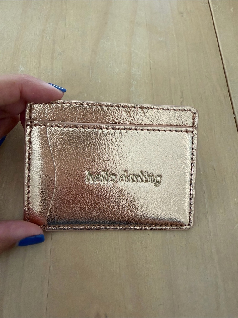 Anthropologie Metallic Rose Gold Card holder with Hello Darling embossed